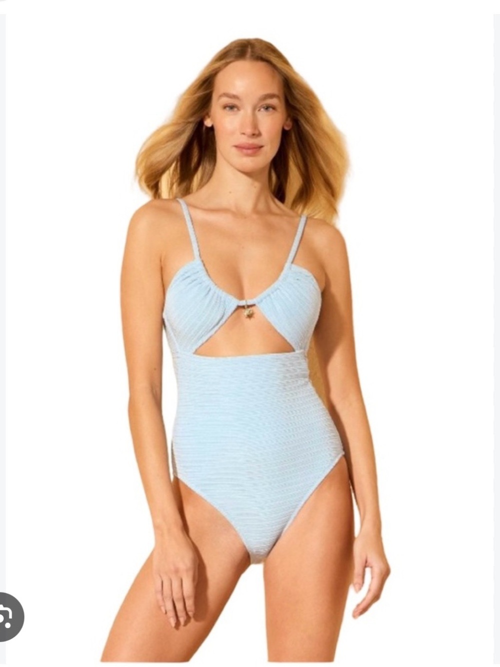Shade & Shore Light Blue Textured One-Piece Swimsuit with Front Cutout S 4/6